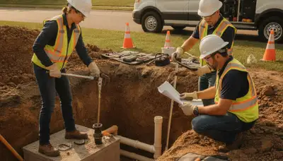 Septic repair technician inspecting an Evansville, IN home system for plumbing issues