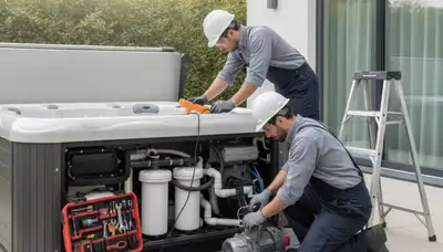 Spa repair technician servicing a home spa in Evansville, IN, for On Call Plumbers