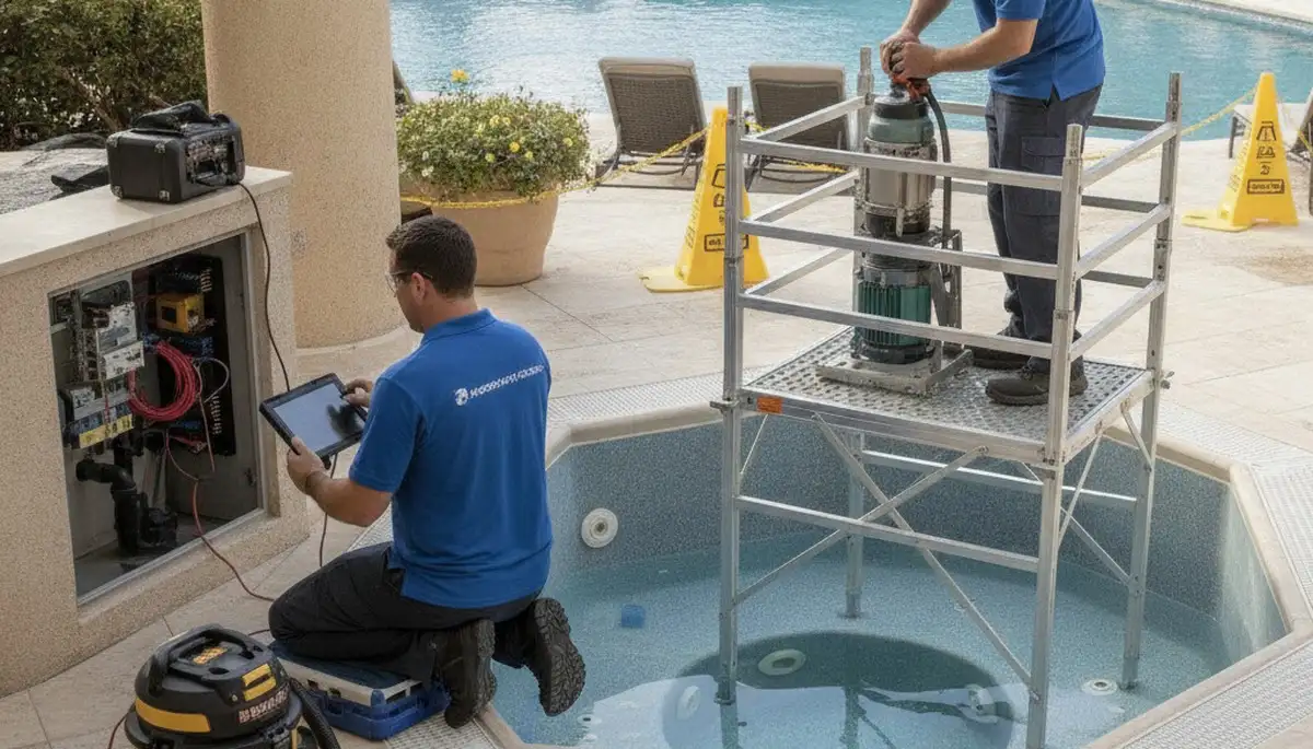 Spa repair technician servicing a home spa in Evansville, IN for On Call Plumbers